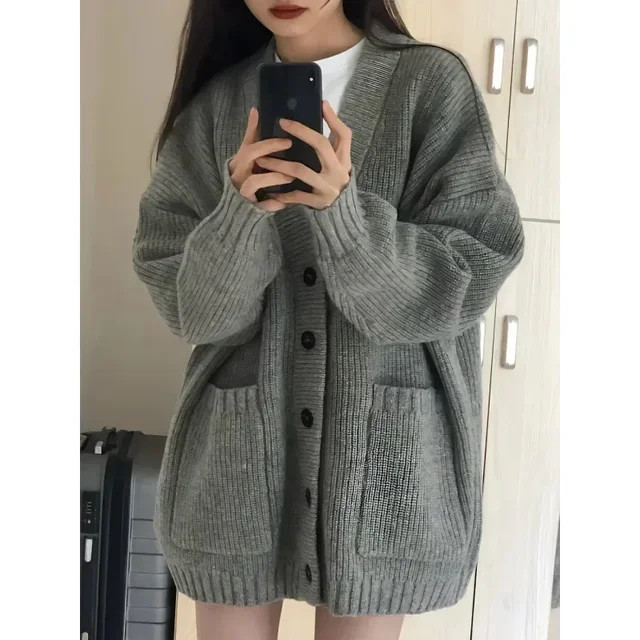 2024 Women’s Preppy V-Neck Knit Cardigan – Loose Fit Pullover - Image 2
