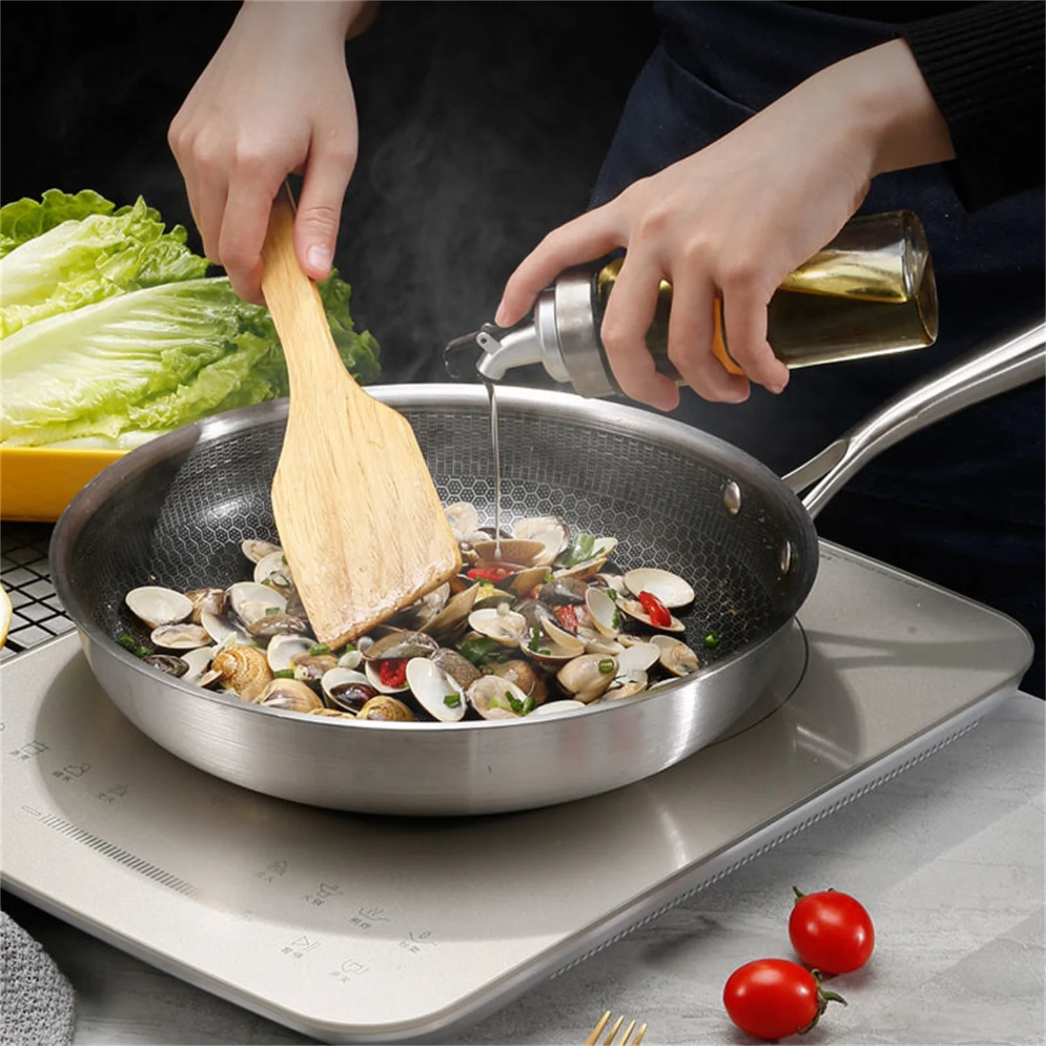 

Frying Pans 316 Stainless Steel Skillet Honeycomb Wok Pan Induction Cooker