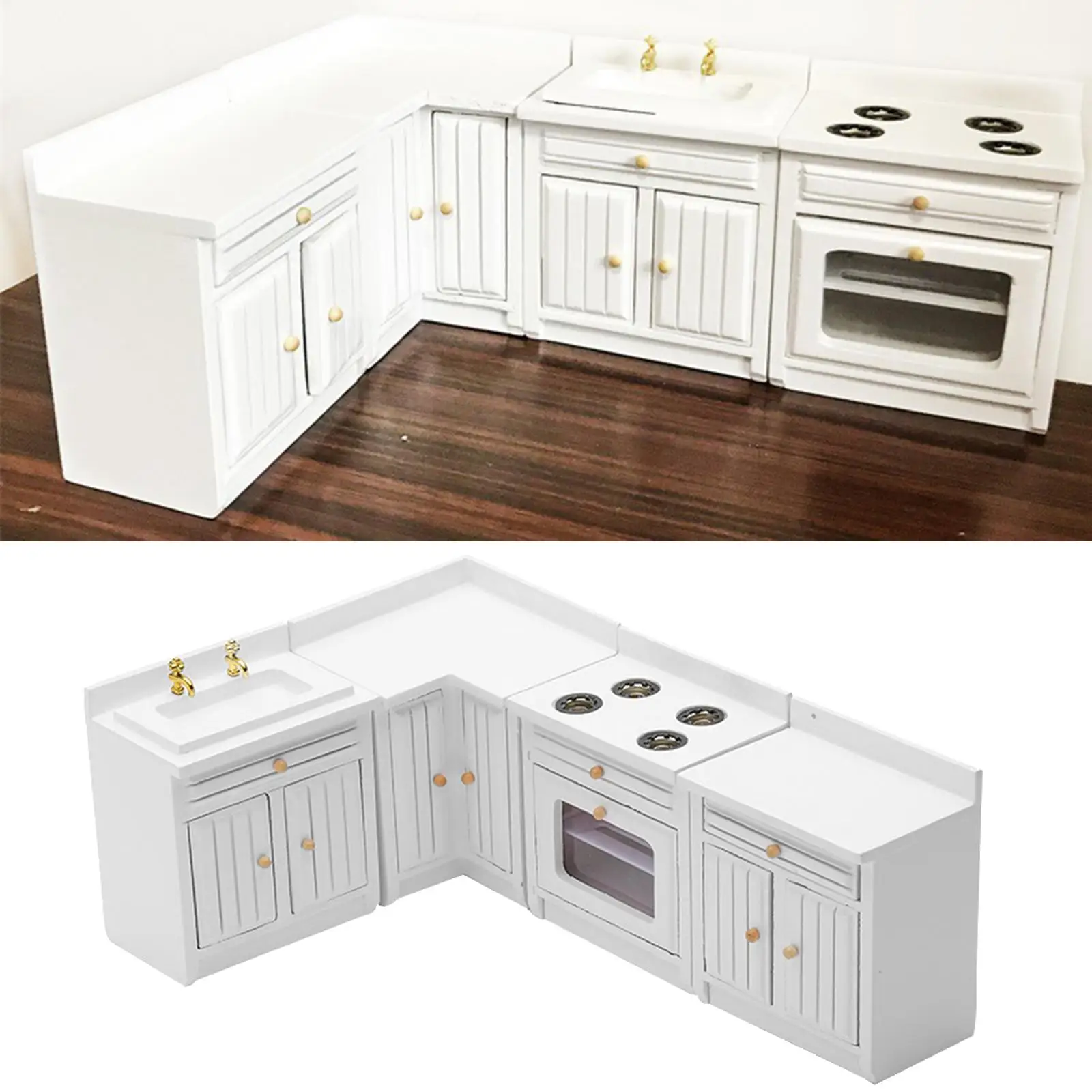 1:12 Dollhouse Miniature Kitchen Full Deluxe Kit Birch Wood Kitchen Cabinet Modern Furniture DIY