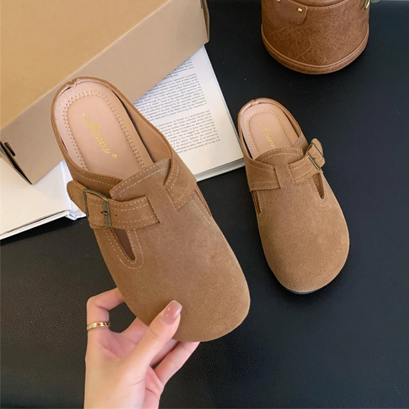 ZOOKERLIN Spring Autumn New Home Women Slippers Genuine Leather Shoes For Women Clogs Outdoor Non-slip Slides Flat Shoes Buckles