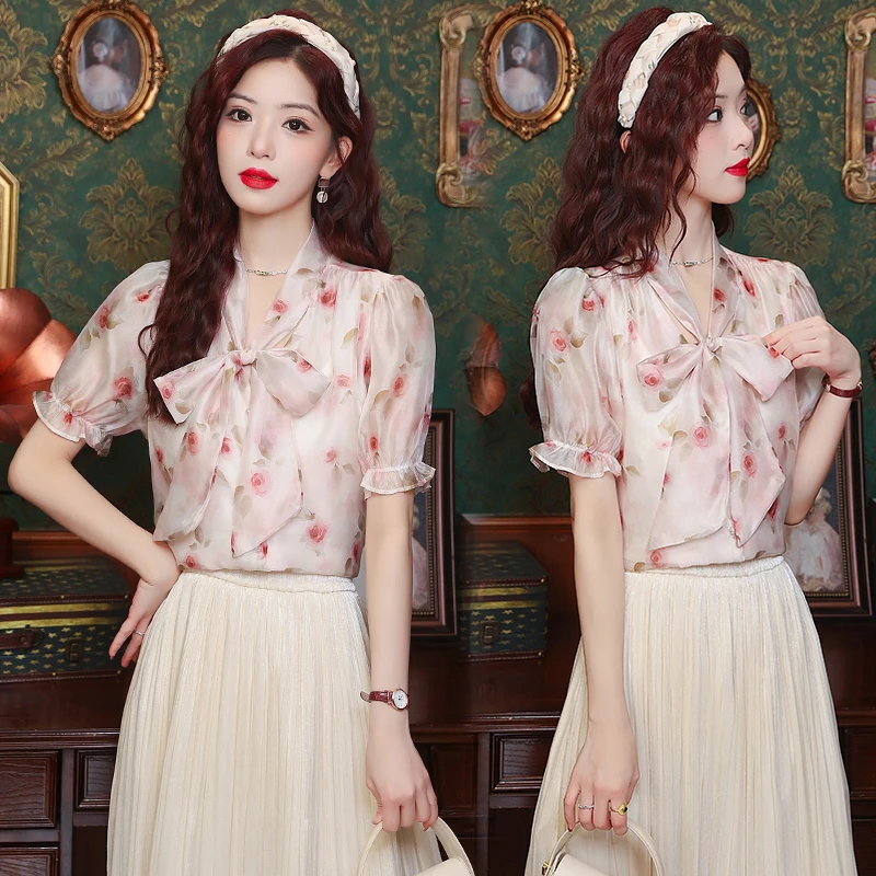 

Французская модная шифоновая рубашка Miiiix с бантом и лентой 2024, женский дизайн, мягкая элегантная летняя рубашка, топ, женская одежда