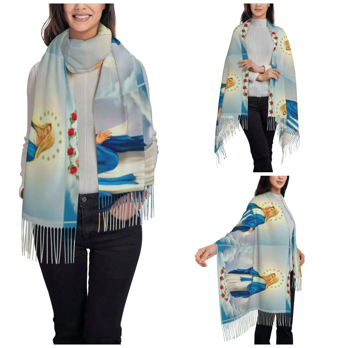 Virgin Mary Christian Catholic Shawls Wraps Women Winter Warm Long Soft Scarf Our Lady of Guadalupe Reversible Tassel Scarves - 2