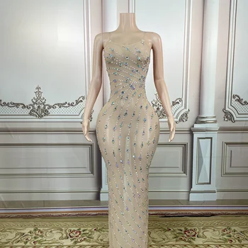 큰 크리스탈 진주 원근 저녁 축하 긴 드레스 복장, 가수 파티 공연 플러스 사이즈