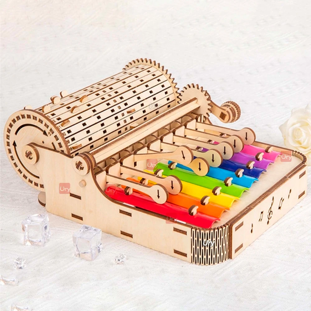 URY 3D Wooden Piano Hand Crank Xylophone Percussion Musical Instruments DIY Toy Rhythm Device Model for Children Christams Gift 6