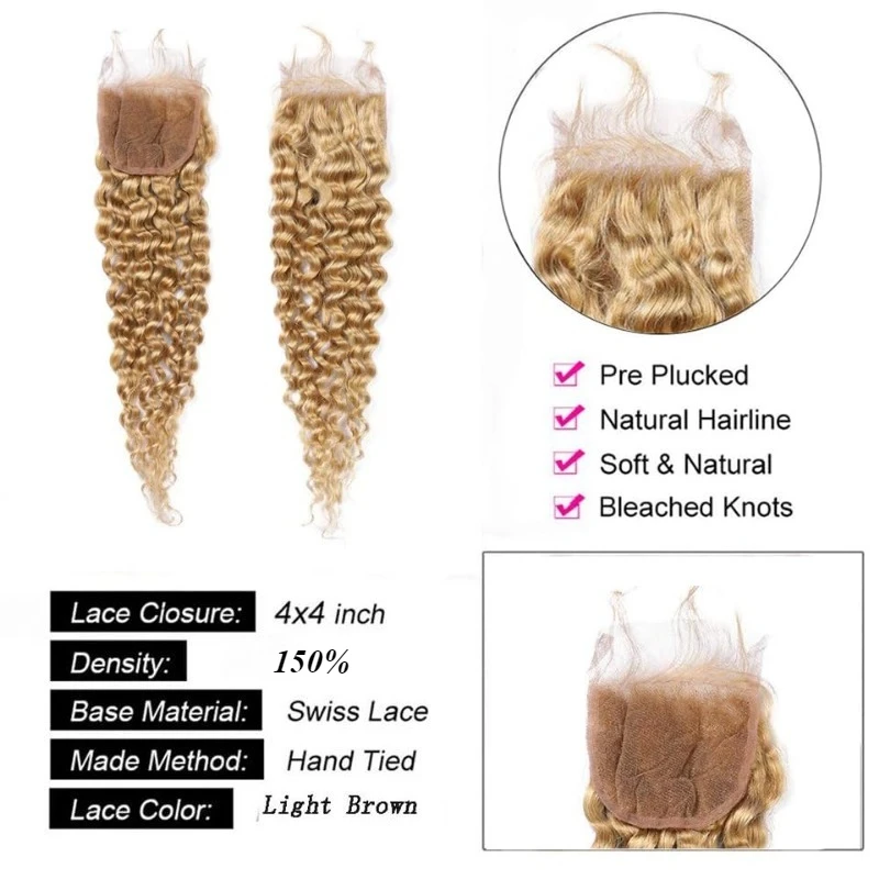 High Quality Honey Blonde 4X4 Lace Closure Curly #27 Human Hair Pre Plucked with Baby Hair Raw Remy Brazilian Virgin Hair 3
