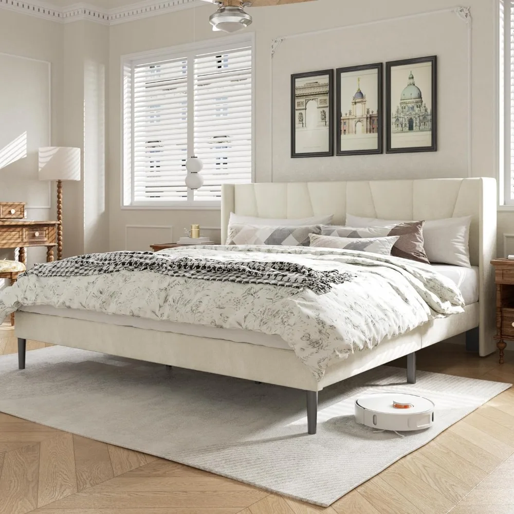 

Двуспальный каркас с изголовьем кровати, бархатные мягкие оправы для кровати на платформе, Современная пружина без коробки, легкая сборка, бежевый цвет