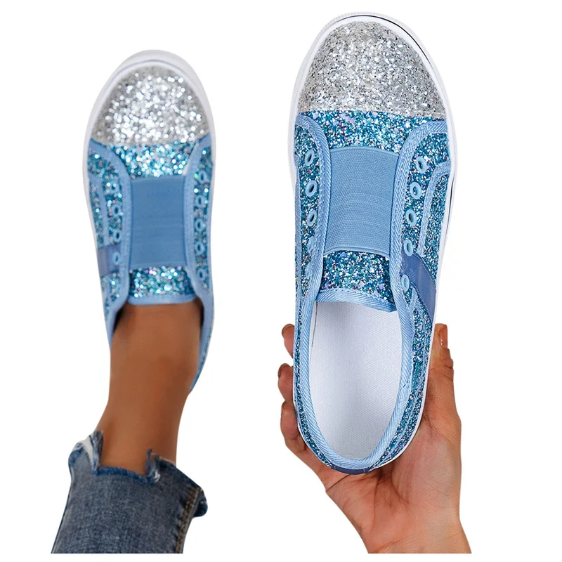 Green Women's Sparkling Glitter Flat Shoes Spring Stylish Ladies Low Top Slip on Comfy Casual Canvas Shoes Female Sport Sneakers
