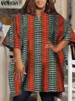 Plus Size VONDA Summer Tops Women 2024 Short Sleeve Printed Bohemian Vintage Blouses Fashion V-Neck Casual Loose Shirts Oversize