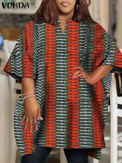 Plus Size VONDA Summer Tops Women 2024 Short Sleeve Printed Bohemian Vintage Blouses Fashion V-Neck Casual Loose Shirts Oversize