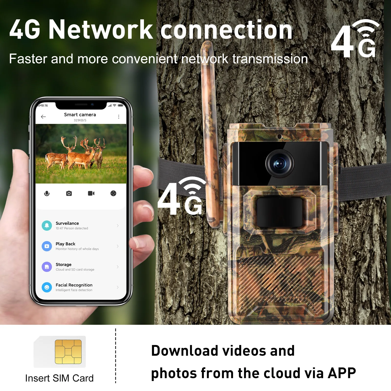 4G LET Card Solar Wildlife Camera 14MP Hunting Trail Camera IP66 Waterproof 14MP APP Motion Detection IR Night Vision Device