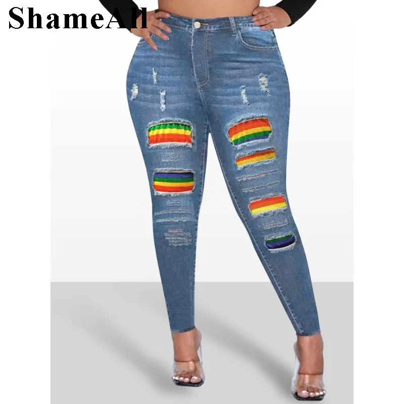 women's-plus-size-sexy-jeans-rainbow-print-ripped-high-rise-medium-stretch-button-fly-pocketed-skinny-jeans