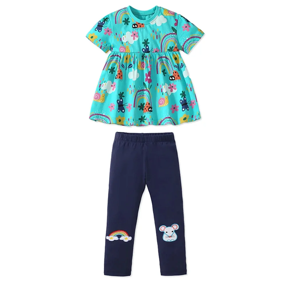 Kids Boutique Summer Set Baby Girl Cotton Toddler Outfit Tracksuit Cartoon Rainbow Children' Clothing Tops+Pants Clothes