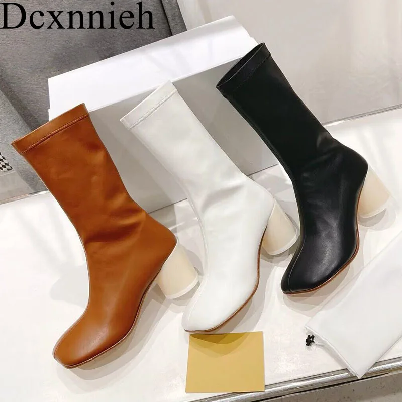 

New Spring Autumn Europe America Mid Round Heel Boots Women Genuine Leather Square Toe Casual Fashion Versatile Cool Long Boots