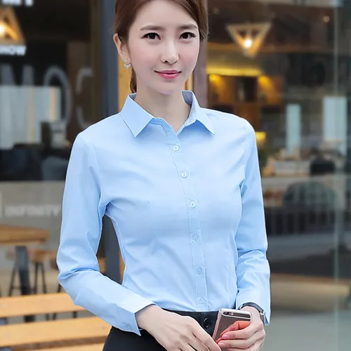 한국 패션, 여성 셔츠, 흰색 셔츠, 여성 긴 소매 셔츠 상의, 오피스 레이디 기본 셔츠 블라우스, 플러스 사이즈, 여성 블라우스, 5XL 3