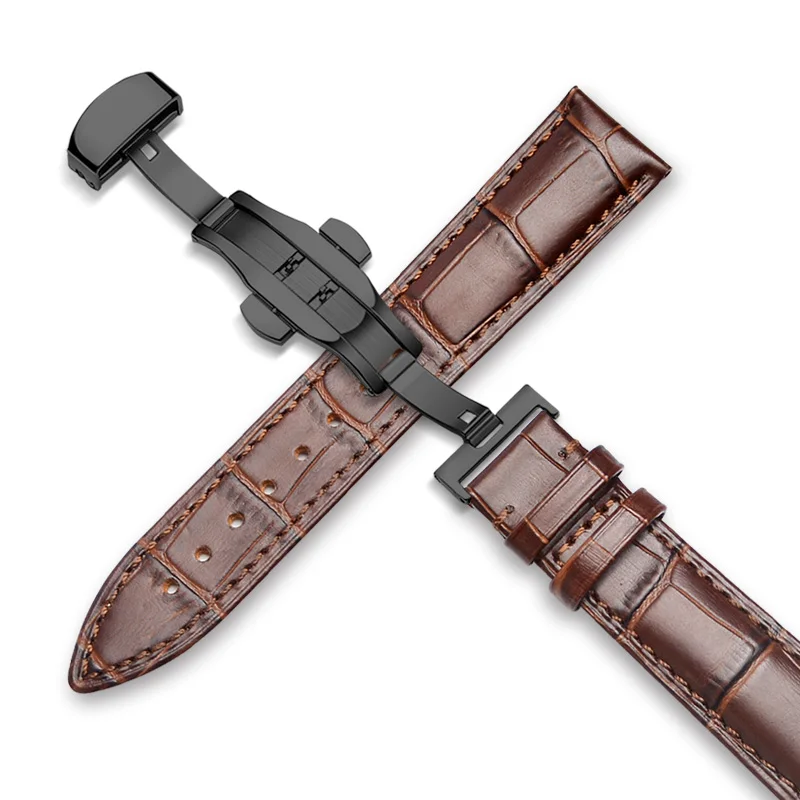 Butterfly Pattern Genuine Leather Watch Band Strap with Deployant Buckle in Brown & Black (12-24mm)