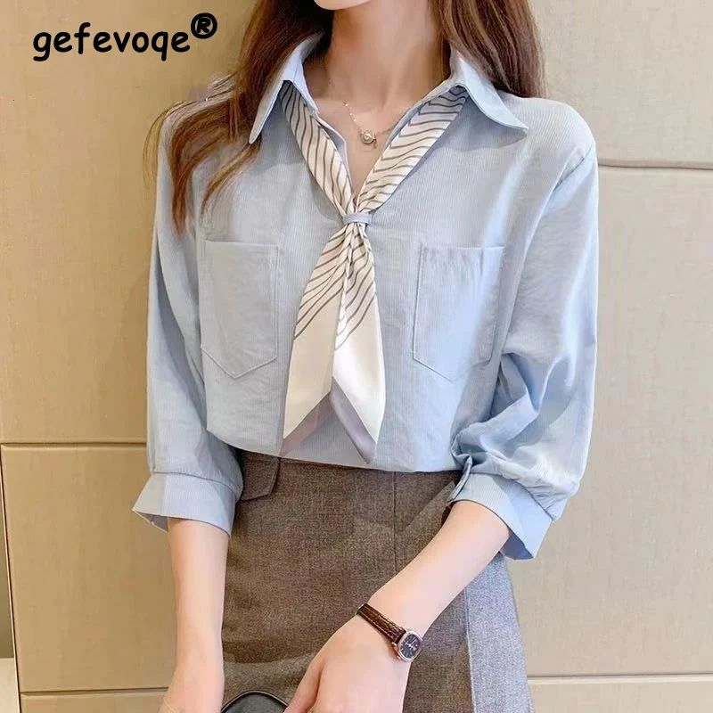 

Spring Summer Women Korean Style 3/4 Sleeve Loose Chiffon Shirts Blouse Casual V Neck Bow Pocket White Elegant Simple Top Female