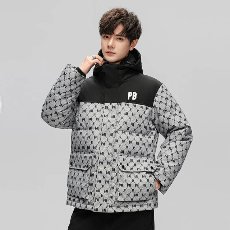 Men's Winter hooded Down Coat Thickened White Duck Down Warmth Printed Trendy Casual Fashion Windproof Men's Jacket