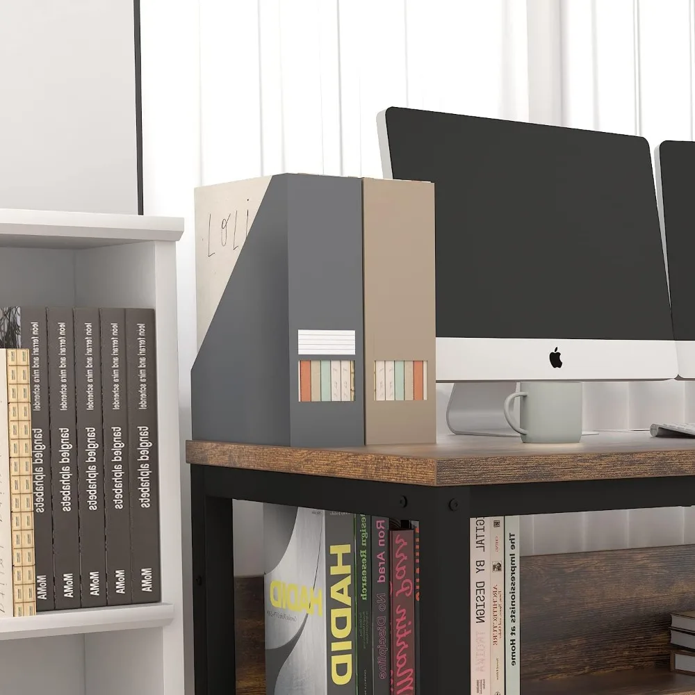 Computer Desk with Bookshelf/Metal Hole Cable Cover 1.18" Thick Desk (55", Rustic Brown)