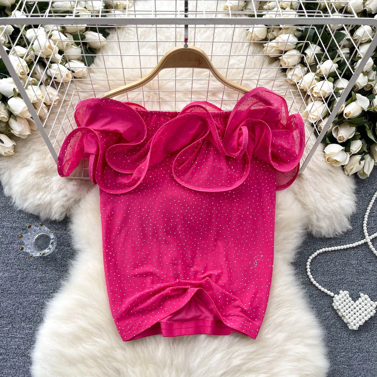 

Элегантный сетчатый женский топ без рукавов с оборками в стиле фонарик в Корейском стиле тонкие весенне-Летние повседневные облегающие трикотажные рубашки