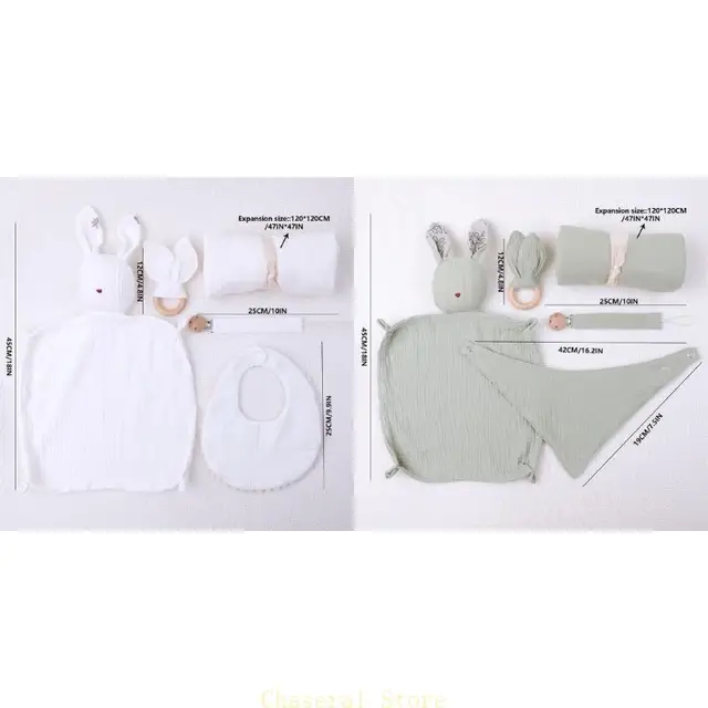 E7CE 5PCS Newborn Shower Gift Set with Pacifier Clip Rattle Teether Animal Ear Handbell Bib Comfort Blanket Baby Care Product 6