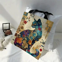 Sac fourre-tout à motif de chat floral, sac à bandoulière d'école en toile esthétique, sac d'épicerie léger 3