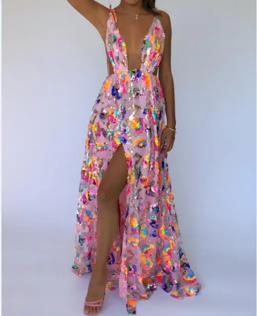 

Women Holiday Long Dress Summer Sequins Deep V Neck Backless High Slit Sleeveless Dresses Fashion Party Cami Dresses Streetwear
