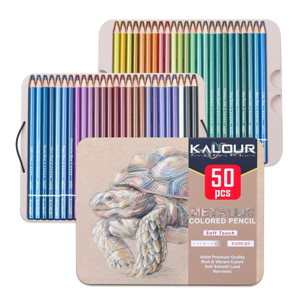 KALOUR 50 Piece Metallic Pencil Oily High Quality Iron Box Set Color Pencil art Supplies Painting Pencil Artist Hand Painting