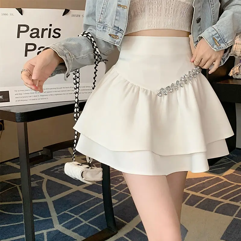 Women New Clothes Spring Autumn Solid High Waist Pleated A-line Skirt Sequined Patchwork Slim Asymmetrical Trend Sexy Mini Dress