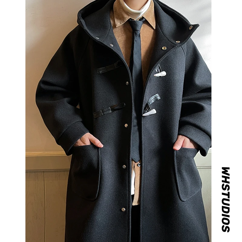 LAPPSTER Korean Fashion Woolen Hooded Long Trench Coat Winter