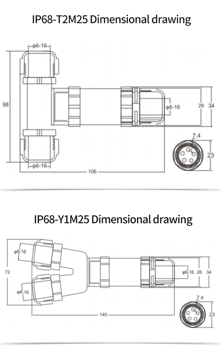 I-Typ/Y-Typ/T-Typ IP68 Wasserdichter Kabelstecker 2/3/4/5 Pin Elektrischer Anschlussadapter Drahtanschlüsse LED-Licht M20/M25 – Detail 7