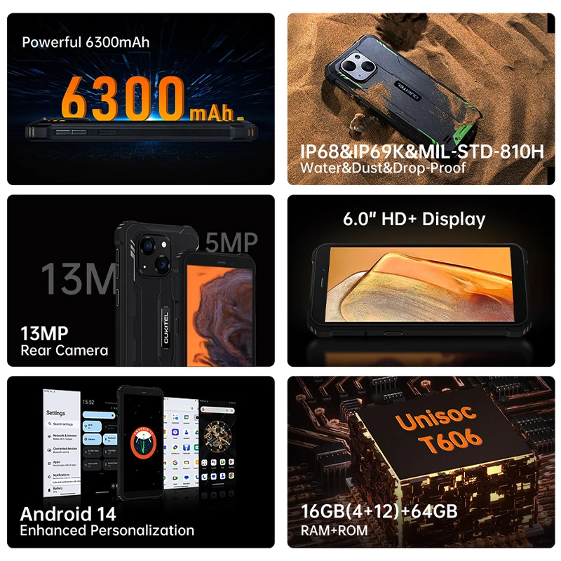 Oukitel G2 Rugged Smartphone 4GB+64GB 6."HD 13MP Camera 6300mAh Cellphone Android Unisoc T606 Octa Core 2