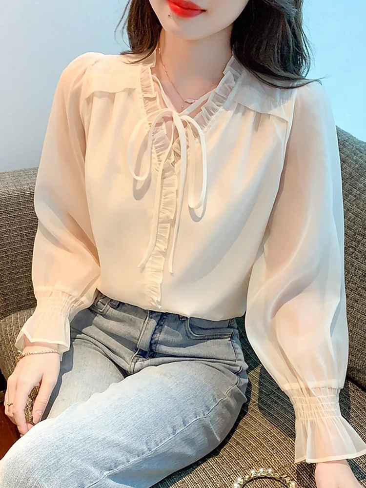 Blusas Mujer De Moda 2023 Blouses Shirts Long Sleeve V-Neck Blouse Women  Apricot Chiffon Blouse Shirt Women Tops Blusa G352