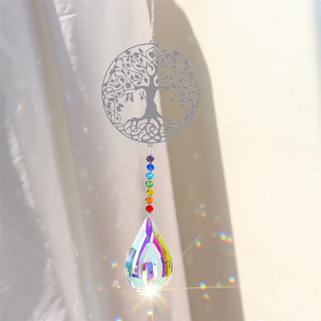 Crystal Sun Fogók Szivárvány Prizmák Üldöző Ablak Szél Hangjelző Lógó Élet Fa Medál Üreges Design Otthoni Kerti Dekoráció