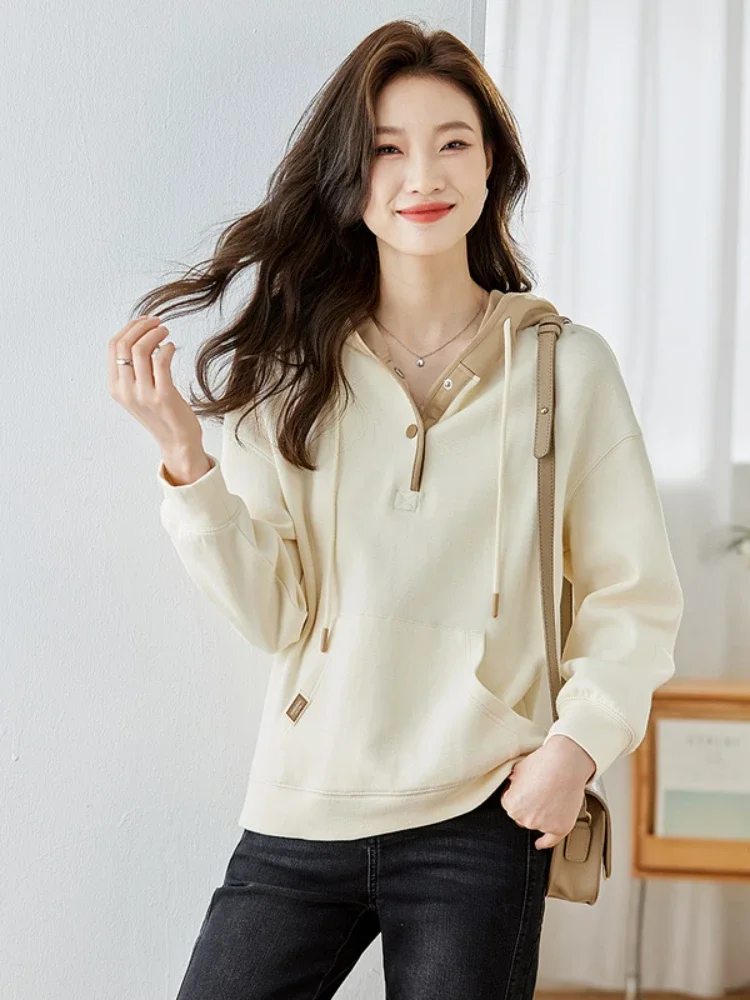 Vimly Pullover Women Hoodies Autumn 2023 Fashion Contrast Hooded Sweatshirts Female Loose Long Sleeve Top Women's Clothing M2693