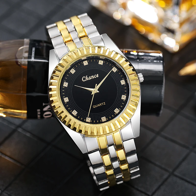 

Luxury Brand Tops Quality Stainless Steel Gold Quartz Watch Men Rhinstone Fashion Analog Wristwatch herrenuhr retro ساعات رجالية