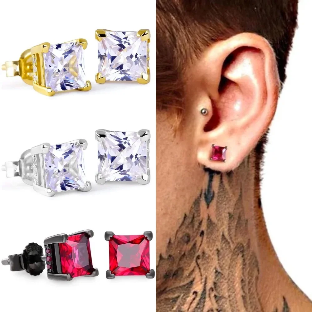 

1pair Punk Red Crystal Rhinestones Cubic Zirconia Stud Earring For Men Women Party Hip Hop Jewelry Gold Silver Color