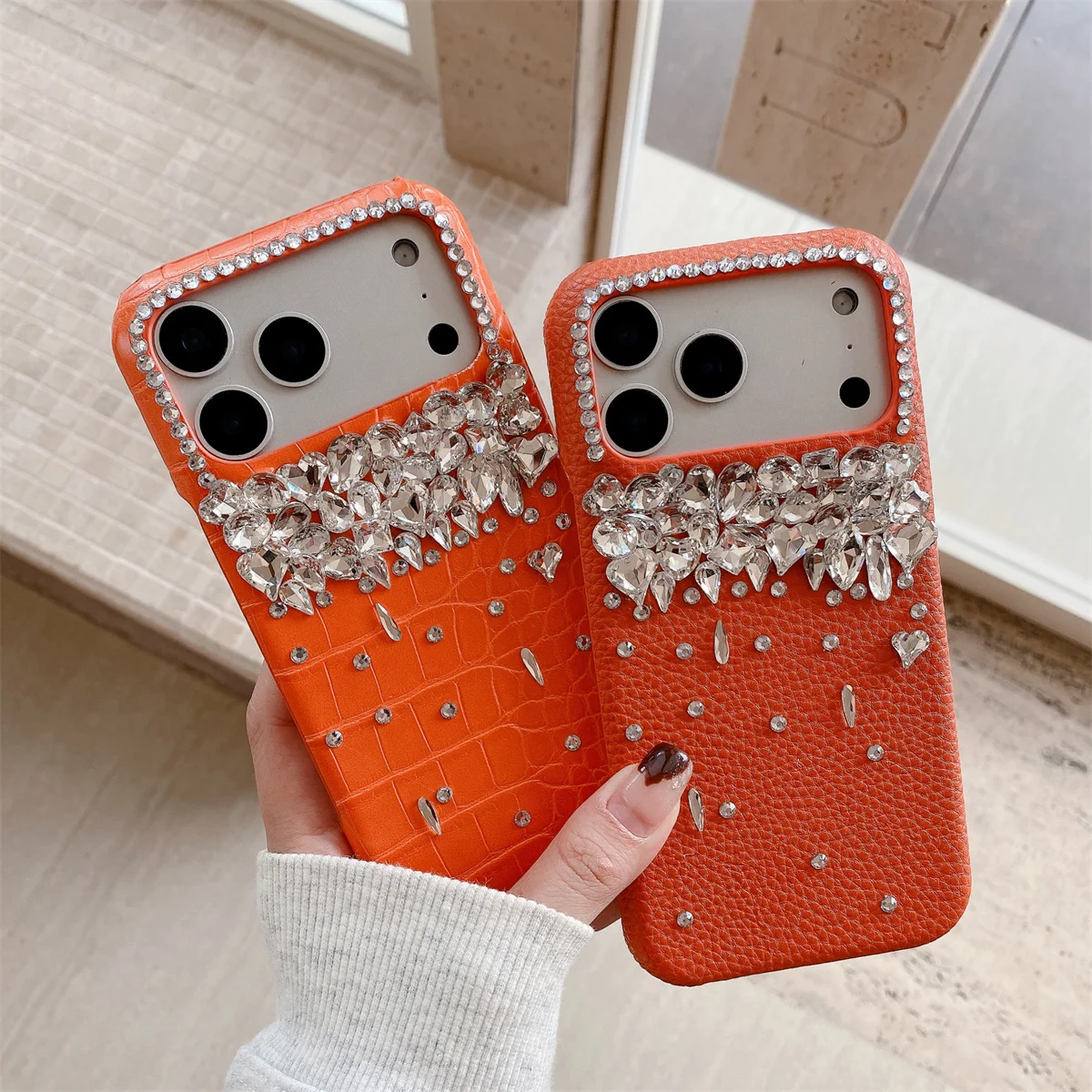 Luxury Orange Leather Glitter Diamond Phone Case with Rhinestone Accents