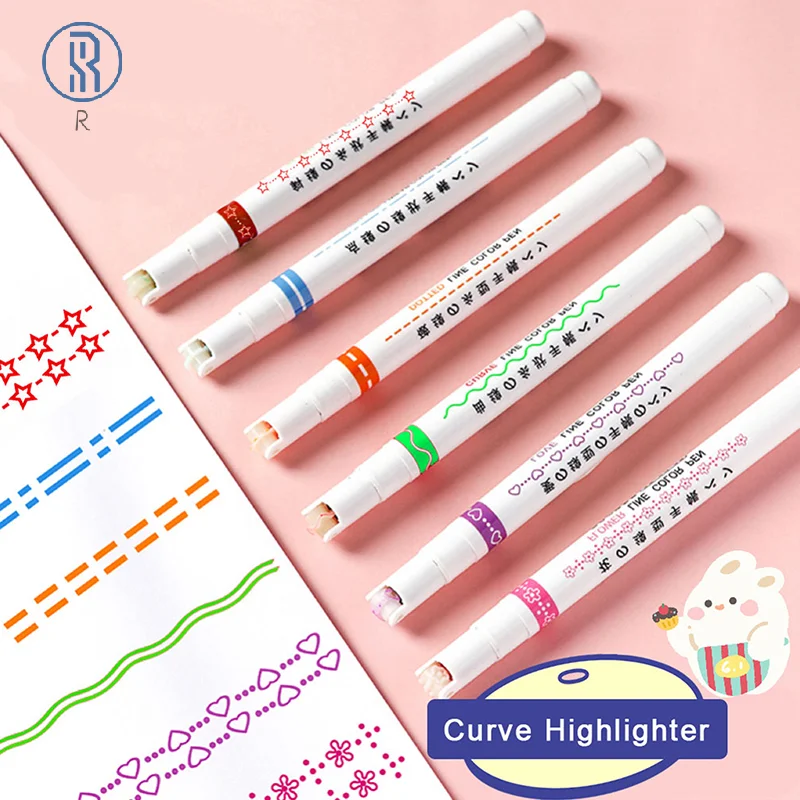 

3/6PCS Line Shaped Highlighter Roller Tip Curve Liner Marker Pens Kawaii Graffiti Pen Korean Stationery School Office Supplies