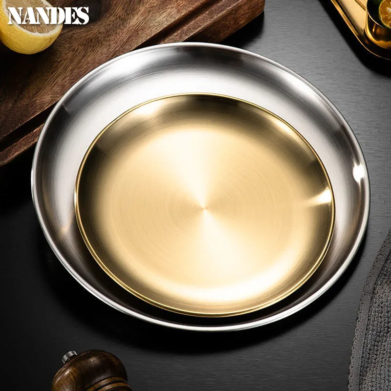 Stainless Steel Plates 14/17/20/23/26/30CM Stainless Steel Bone Spitting Dish Gold Silver Shallow Tray Dining Disc