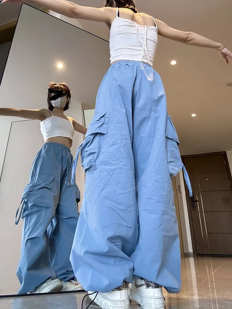 HOUZHOU Y2K Cargo Parachute Pants Women Streetwear High Waist Drawstring Pocket Casual Loose Trousers Harajuku Baggy Sweatpants