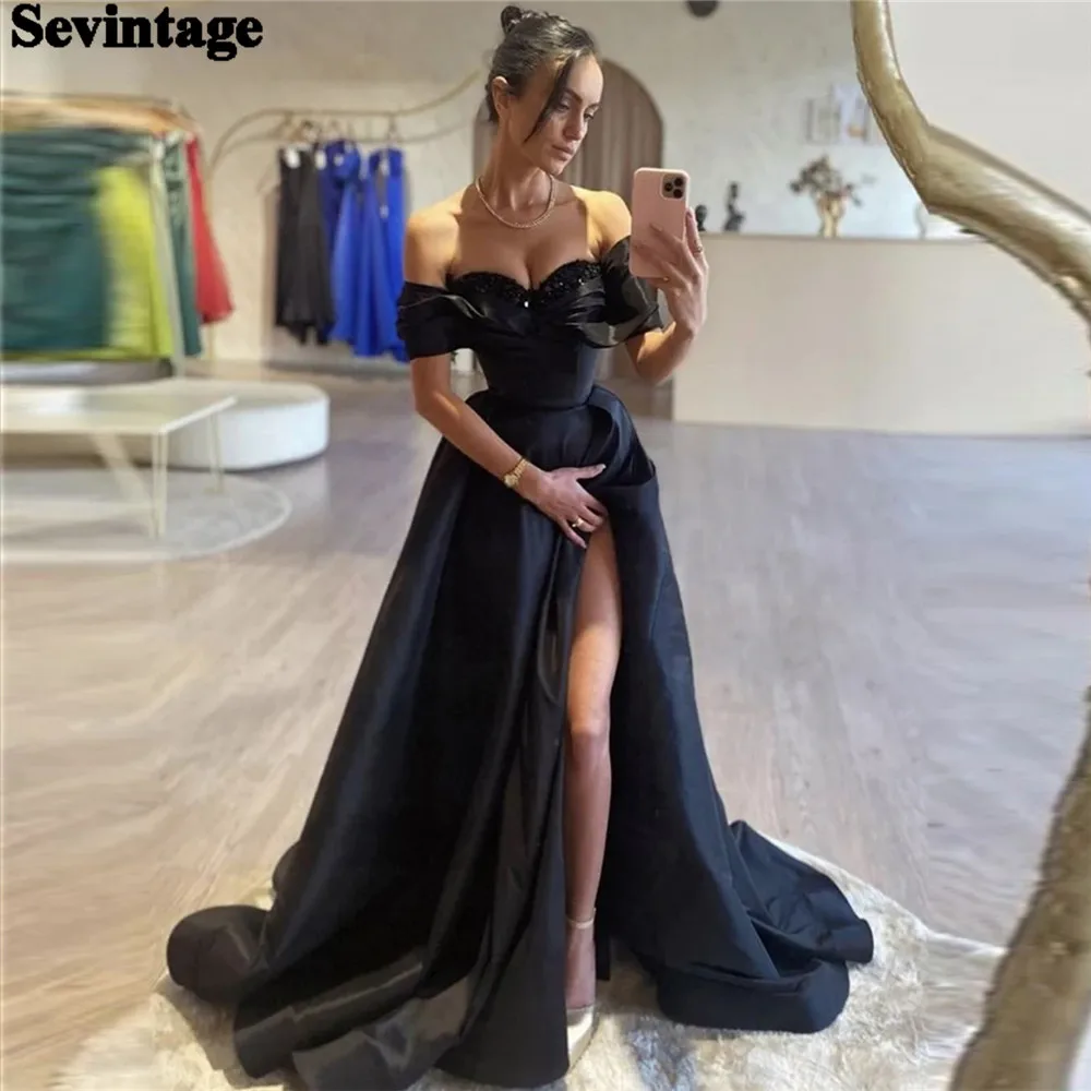 

Sevintage Elegant Black Satin Prom Dress A-Line Off The Shoulder High Slit Floor Length Ruched Evening Dress vestido de gala