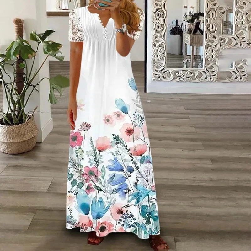 2024 New Fashion Short Sleeve Printed Lace Panel Long Dress For Women Elegant V-neck Ladies High Waist Big Swing Maxi Dresses - AliExpress 200000345 2024 New Fashion Short Sleeve Printed Lace Panel Long Dress For Women Elegant V-neck Ladies High Waist Big Swing Maxi Dresses - AliExpress 200000345