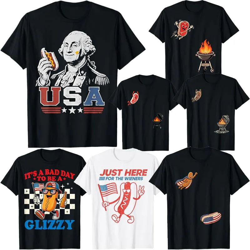George Washington Glizzy USA Lustiges Hotdog-T-Shirt zum 4. Juli Y2k Humor BBQ Steak Hot Dog Würstchen Grafik-Bekleidung Grill-Comic
