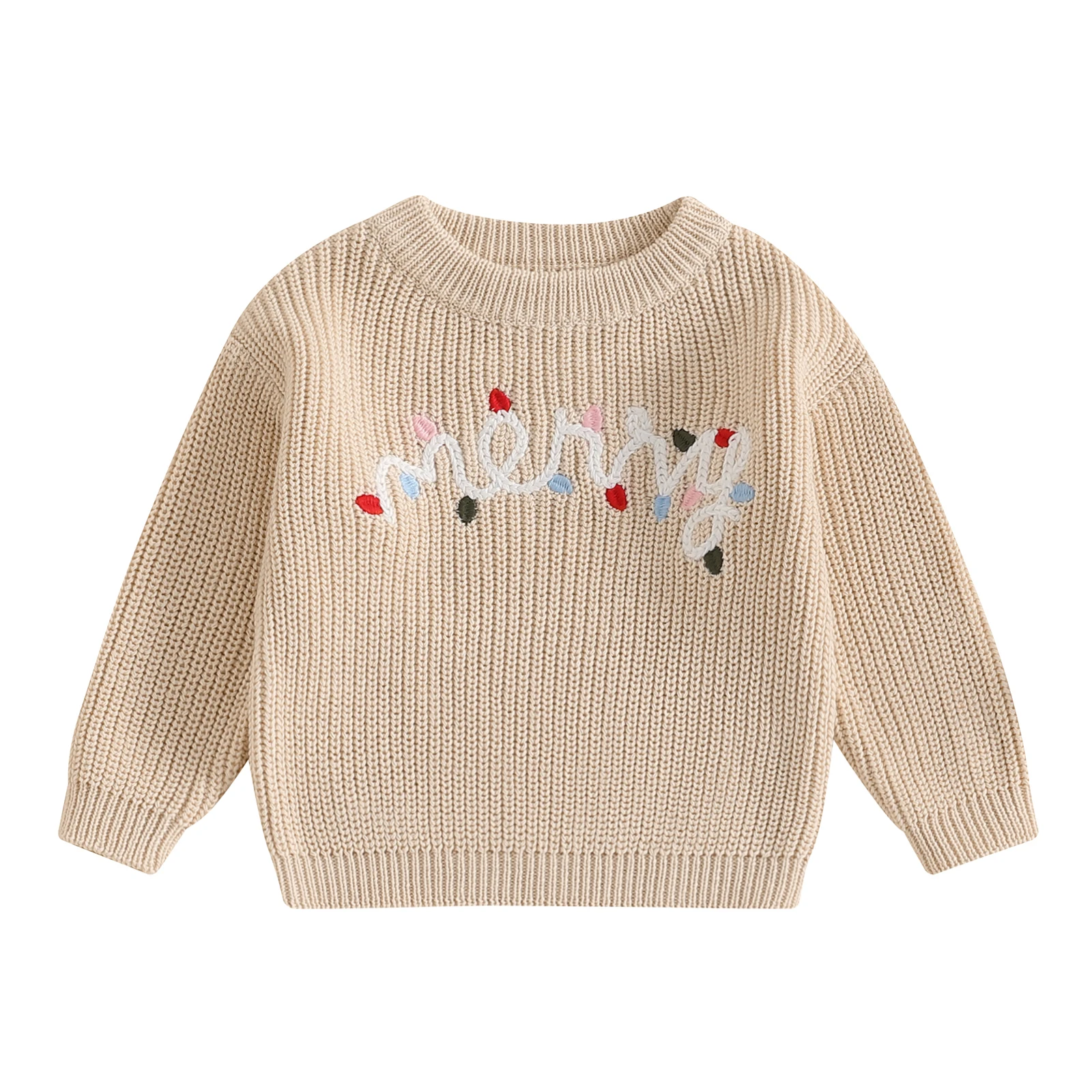 0-3Years Baby Boy Girl Christmas Sweaters Letter Light String Embroidery Long Sleeve Round Neck Chunky Pullover Warm Knitwears
