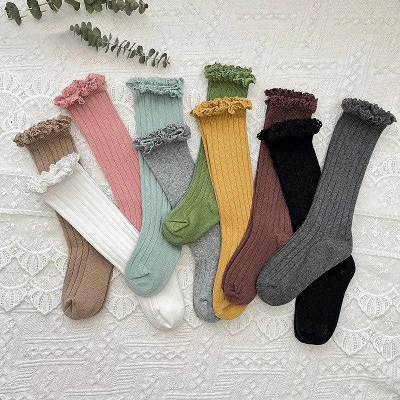Kids Socks Ruffle Knee High Soft Cotton Solid Lace Flower Children School Uniform