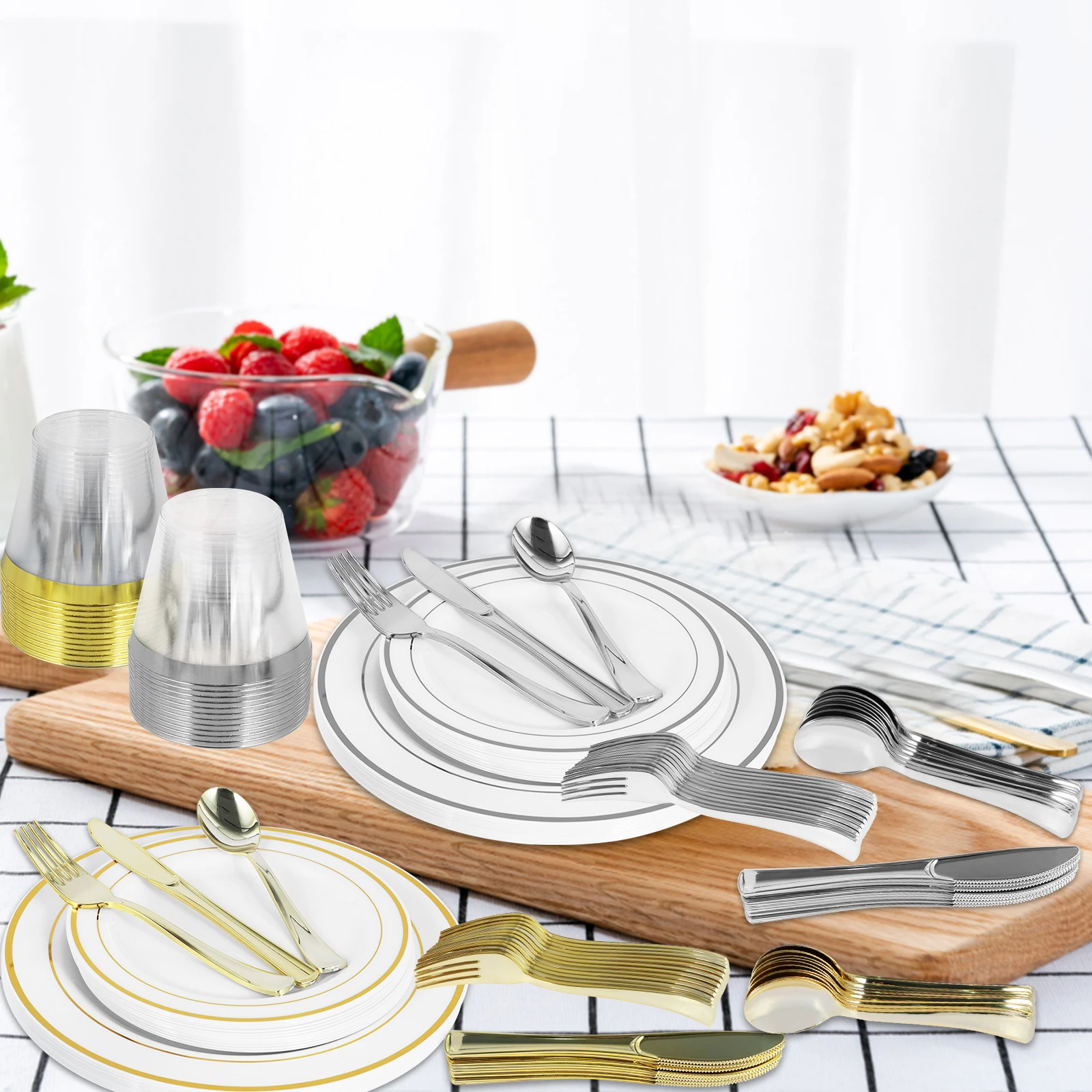 

New 72Pcs Plastic Dinnerware Set with 12 Forks 12 Cutter 12 Spoons 12 Cups 12 Plates Gold/Silver Plastic Silverware Set Reusable