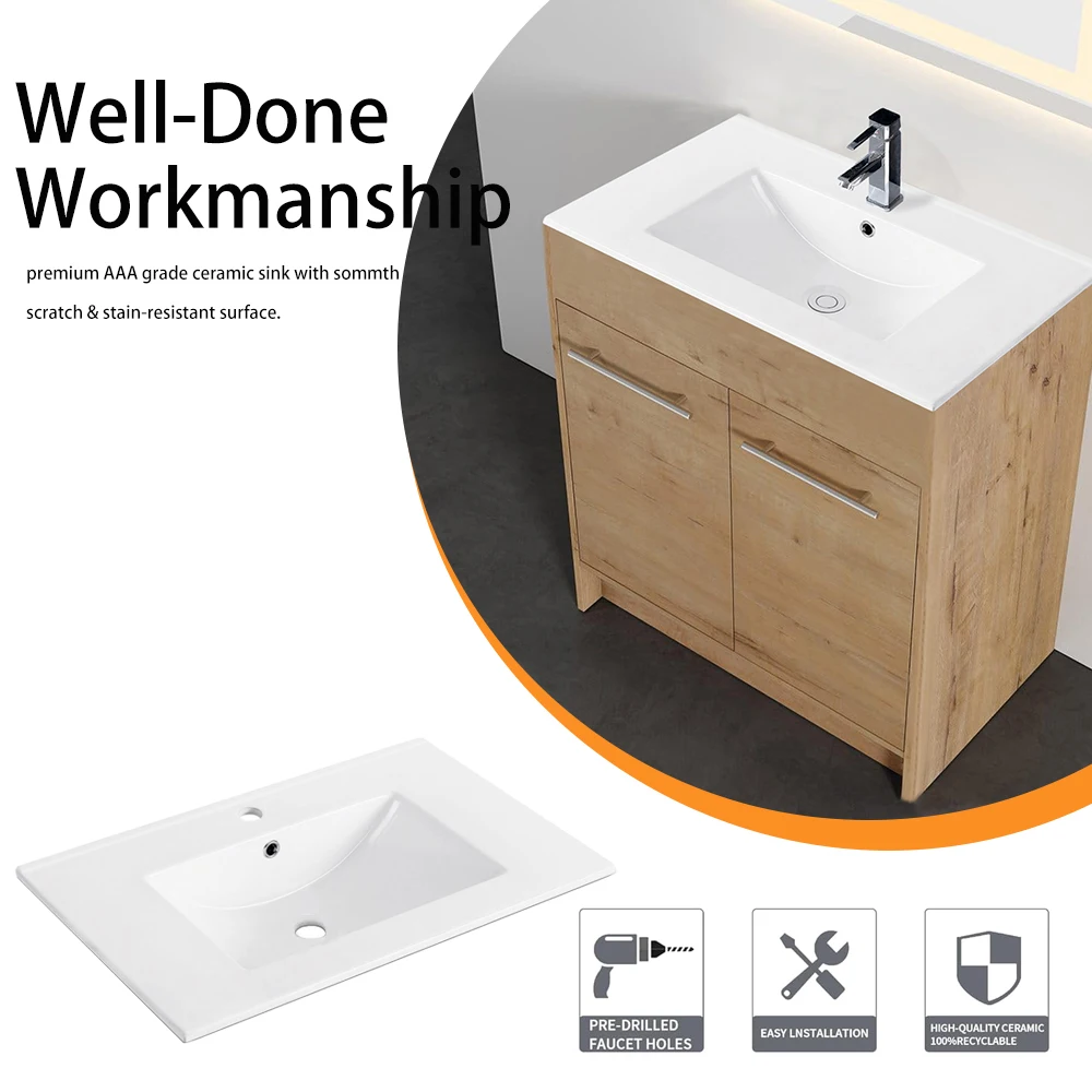 1pc 30inch Porcelain Ceramic Vanity Sink Top, Surface Bathroom Vessel Sink Basin with Single Faucet Hole, Rectangular, Glossy W 5