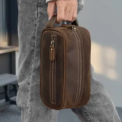 Luxurious Top - Grain Leather Men's Handbag | Vintage Minimalist Toiletry & Storage Pouch (Coffee)