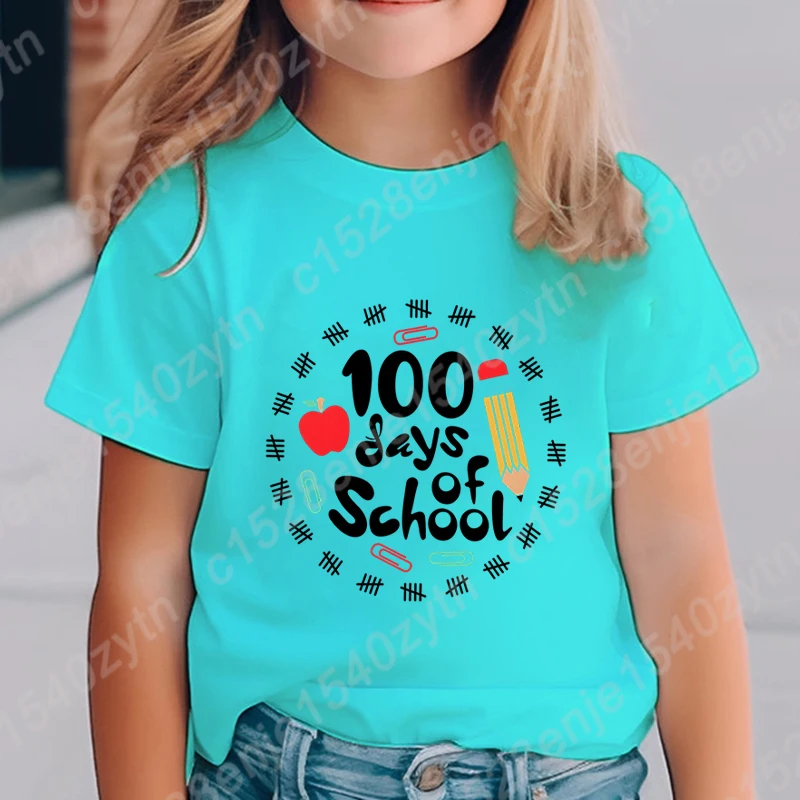 100 Days Of School Print T-shirt Summer Fashion Casual Tees Children Girls Short Sleeve Round Neck Tops Pure Color Loose T Shirt 4
