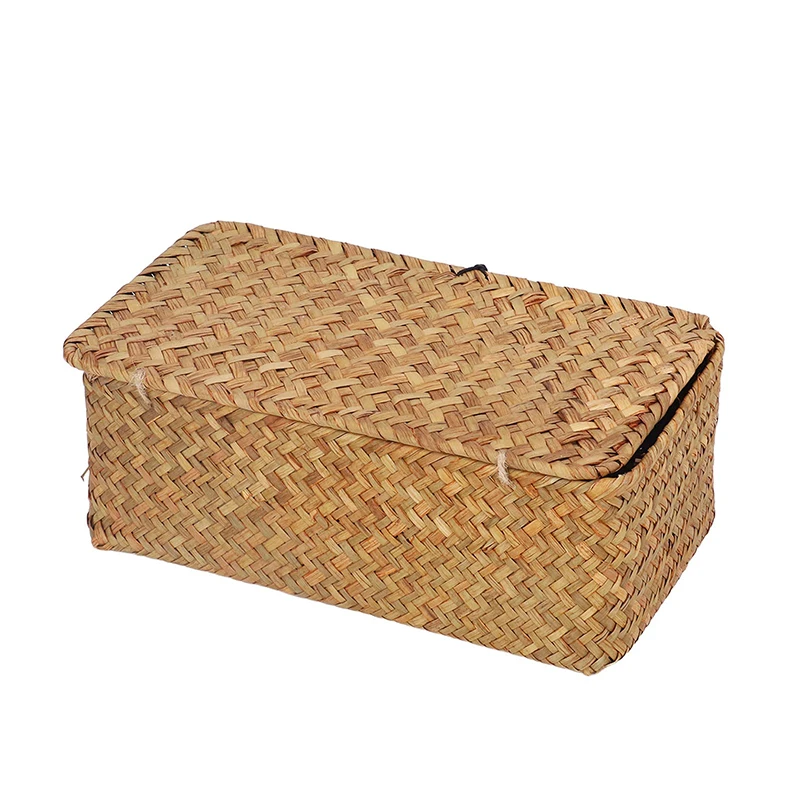 Woven Storage Baskets Rectangular Wicker Storage with Lid Woven Storage Box Woven Natural Reed Storage Basket for Bookshelves De 3